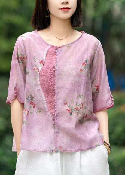 Pink Print Patchwork Linen Shirts Short Sleeve