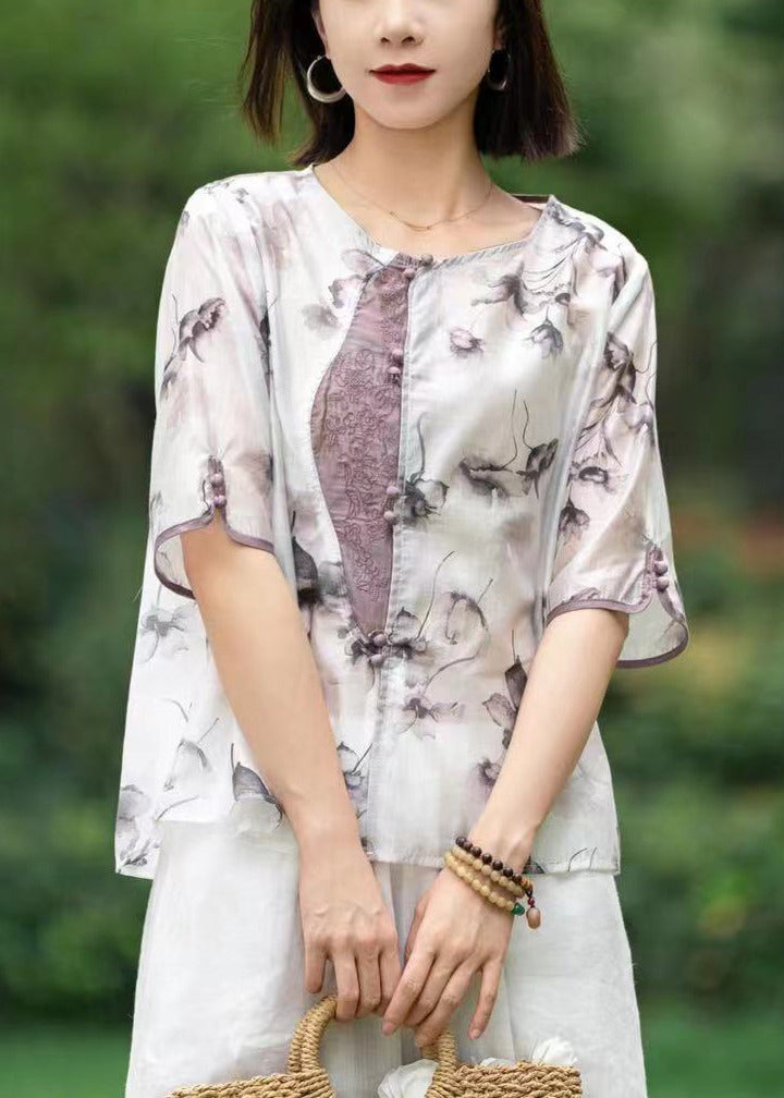 Pink Print Patchwork Linen Shirts Short Sleeve