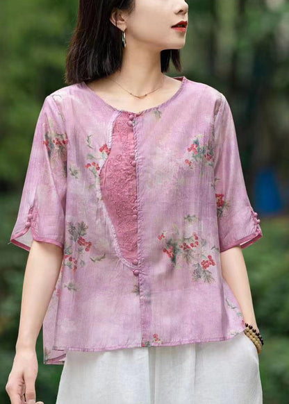 Pink Print Patchwork Linen Shirts Short Sleeve
