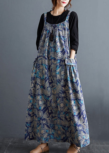 Blue Print Pockets Patchwork Cotton Long Dresses Sleeveless