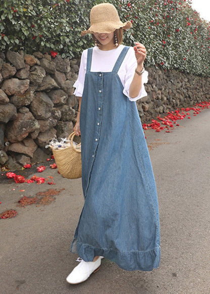 Blue Ruffled Button Spaghetti Strap Long Dress Sleeveless