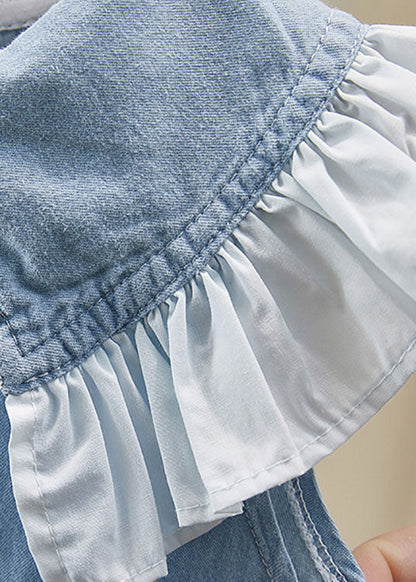 Blue Ruffled Patchwork Denim Kids Long Dress Summer