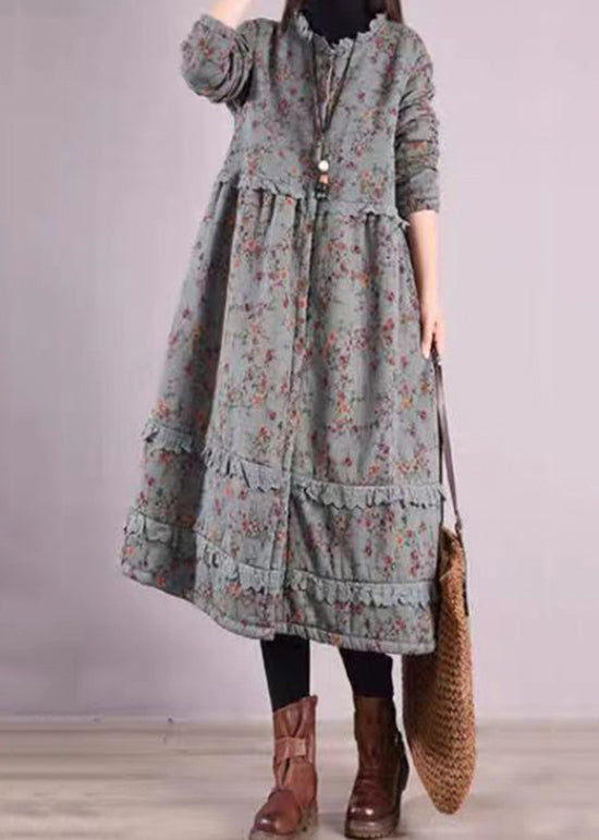 Blue Ruffled Print Patchwork Cotton Dresses Fall