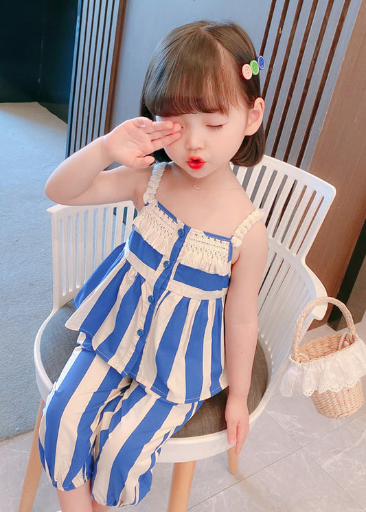 Blue Striped Button Cotton Slip and Crop Pants Kids Two Pieces Set Sleeveless