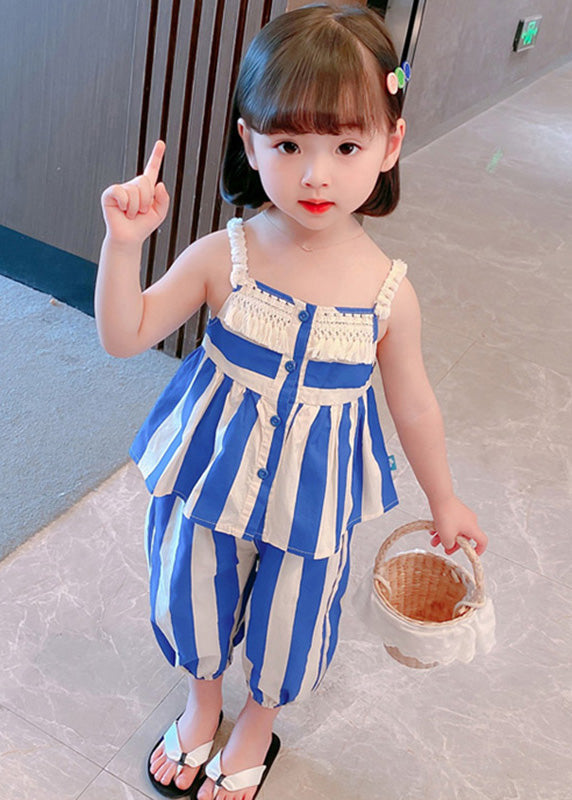 Blue Striped Button Cotton Slip and Crop Pants Kids Two Pieces Set Sleeveless