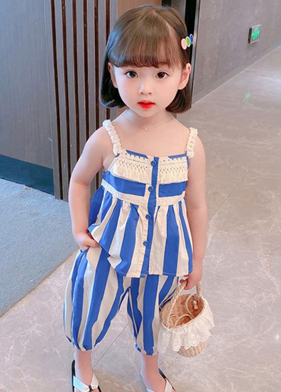 Blue Striped Button Cotton Slip and Crop Pants Kids Two Pieces Set Sleeveless
