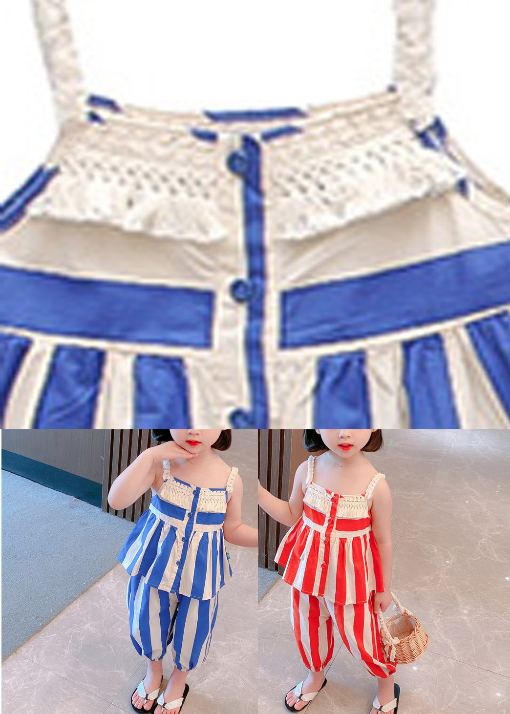 Blue Striped Button Cotton Slip and Crop Pants Kids Two Pieces Set Sleeveless