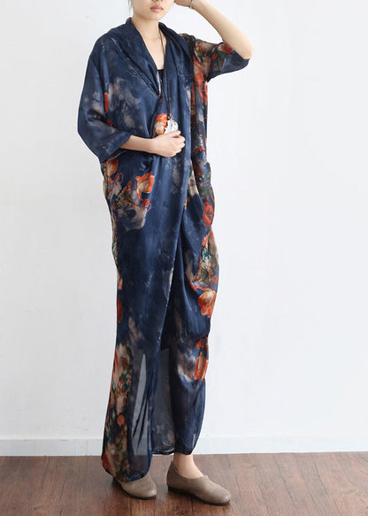 Blue V Neck Asymmetrical Print Chiffon Dress Two Pieces Set Half Sleeve