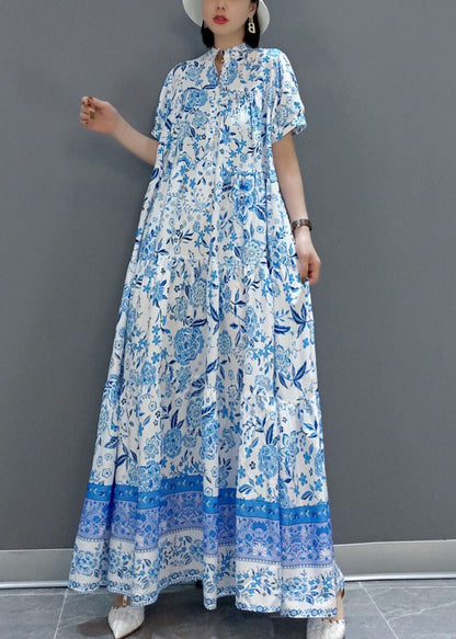Blue Wrinkled Chiffon Long Dress Short Sleeve