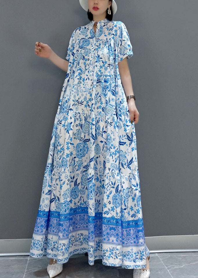 Blue Wrinkled Chiffon Long Dress Short Sleeve
