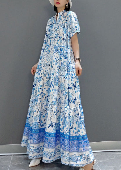 Blue Wrinkled Chiffon Long Dress Short Sleeve