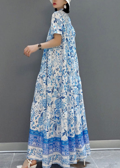 Blue Wrinkled Chiffon Long Dress Short Sleeve
