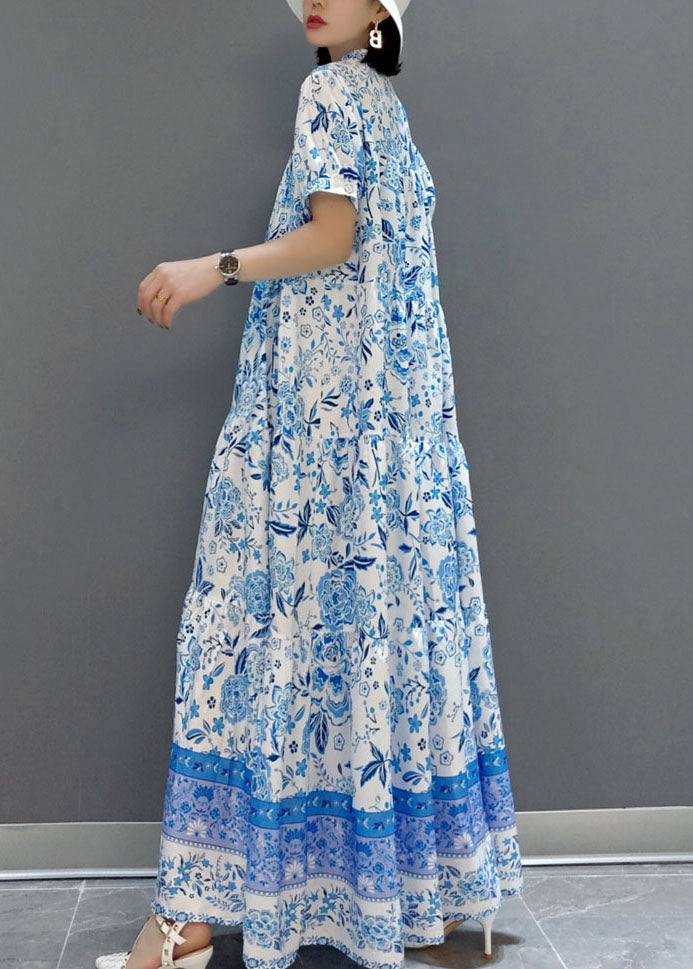 Blue Wrinkled Chiffon Long Dress Short Sleeve
