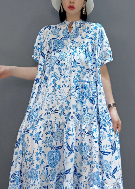 Blue Wrinkled Chiffon Long Dress Short Sleeve