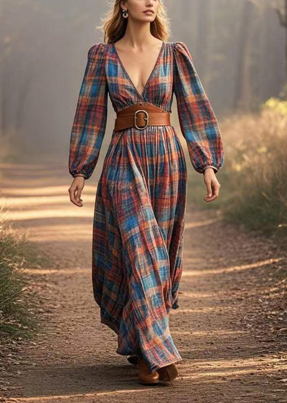 Brown Deep-v Neck Plaid Cotton Holiday Dresses Spring