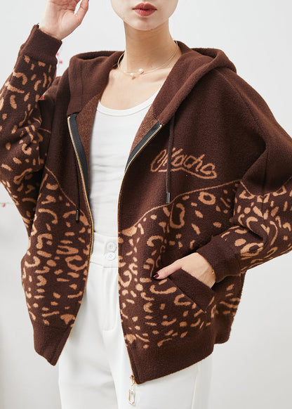 Brown Hooded Print Woolen Coat Spring