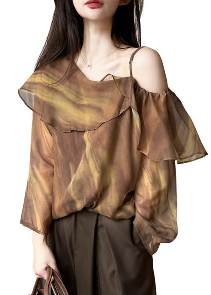Beautiful Brown One Shoulder Tie Dye Chiffon Blouse Top Spring