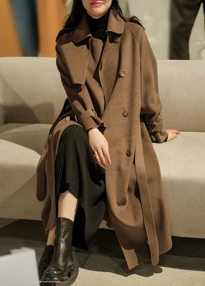 Brown Peter Pan Collar Button Woolen Cinch Coats Winter