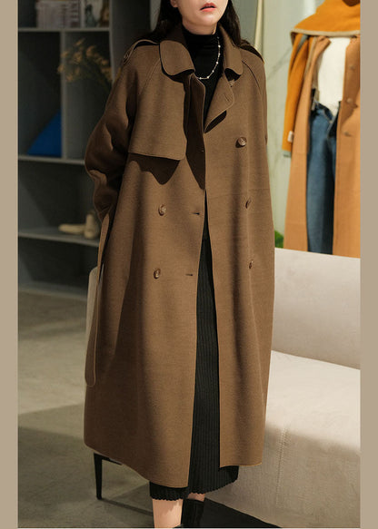 Brown Peter Pan Collar Button Woolen Cinch Coats Winter