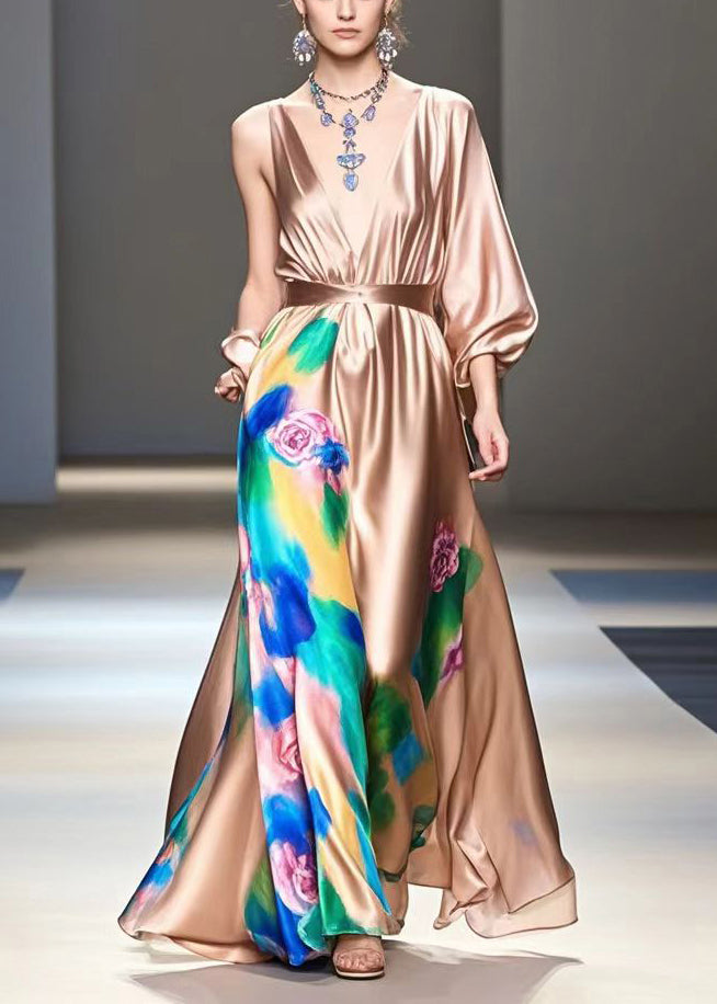 Brown Print Exra Large Hem Silk Long Dress Spring