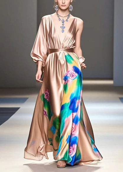 Brown Print Exra Large Hem Silk Long Dress Spring