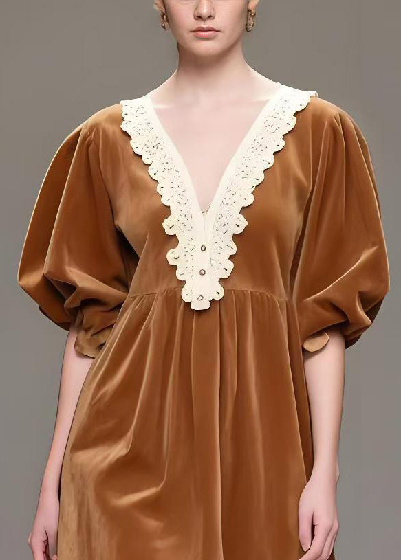 Brown V Neck Patchwork Silk Velvet Tea Dresses Spring