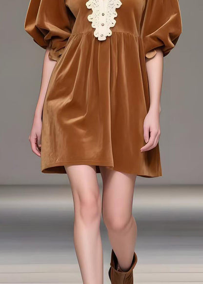 Brown V Neck Patchwork Silk Velvet Tea Dresses Spring