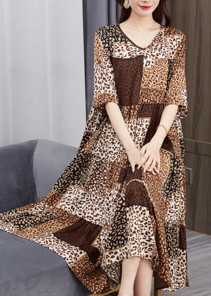 Brown V Neck Print Patchwork Chiffon Dresses Summer