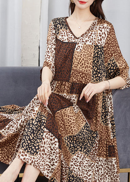 Brown V Neck Print Patchwork Chiffon Dresses Summer