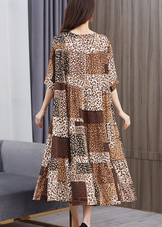 Brown V Neck Print Patchwork Chiffon Dresses Summer