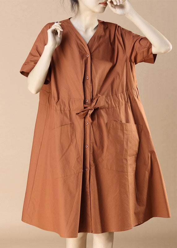 Caramel V Neck Pockets Patchwork Cotton Dress Summer