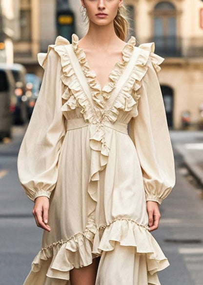 Champagne Color Ruffled Side Open Party Dress Spring