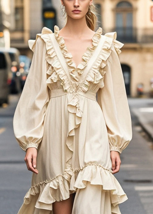 Champagne Color Ruffled Side Open Party Dress Spring
