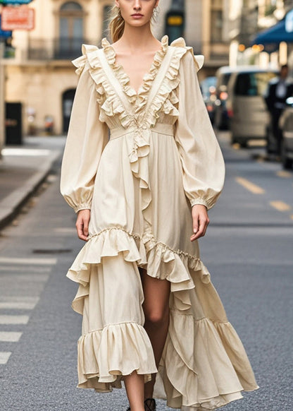 Champagne Color Ruffled Side Open Party Dress Spring