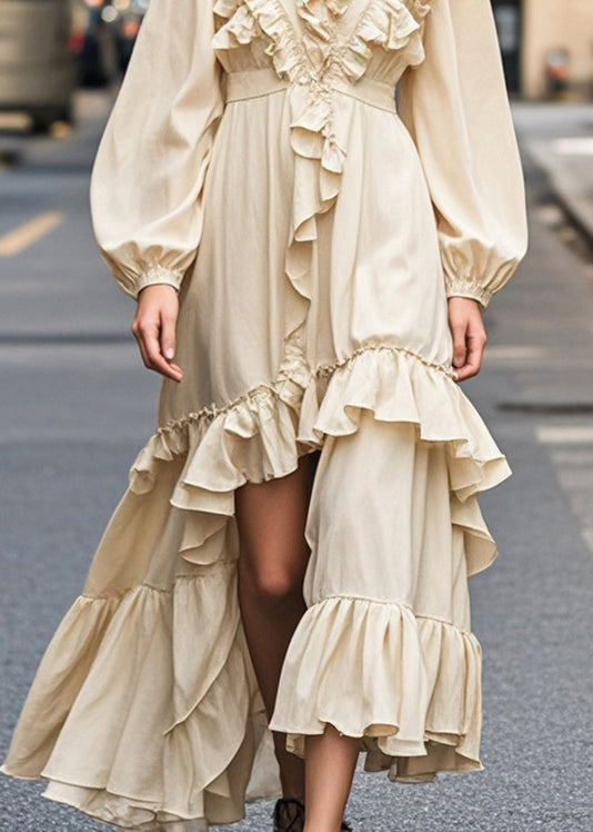 Champagne Color Ruffled Side Open Party Dress Spring