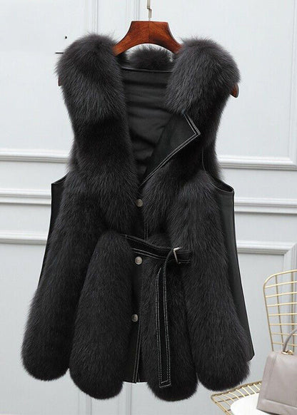 Beige Faux Fur Fox Collar Sashes Warm Leather and Fur Waistcoat Winter