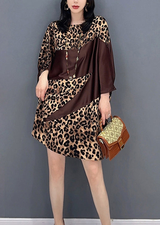 Chocolate O-neck Leopard Print Maxi Dresses Spring