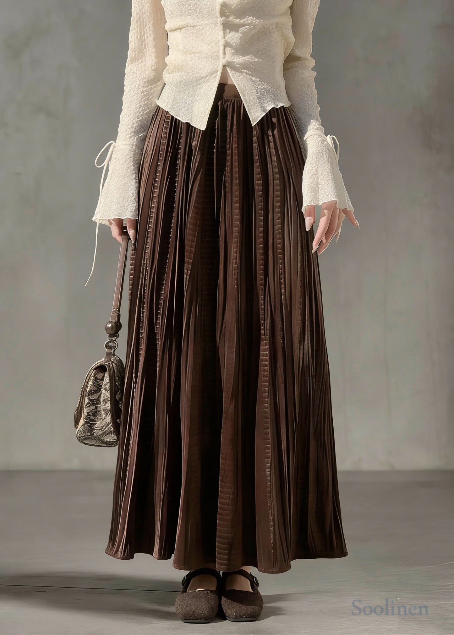 Chocolate Oversized Wrinkled Silk Velvet Skirt Spring