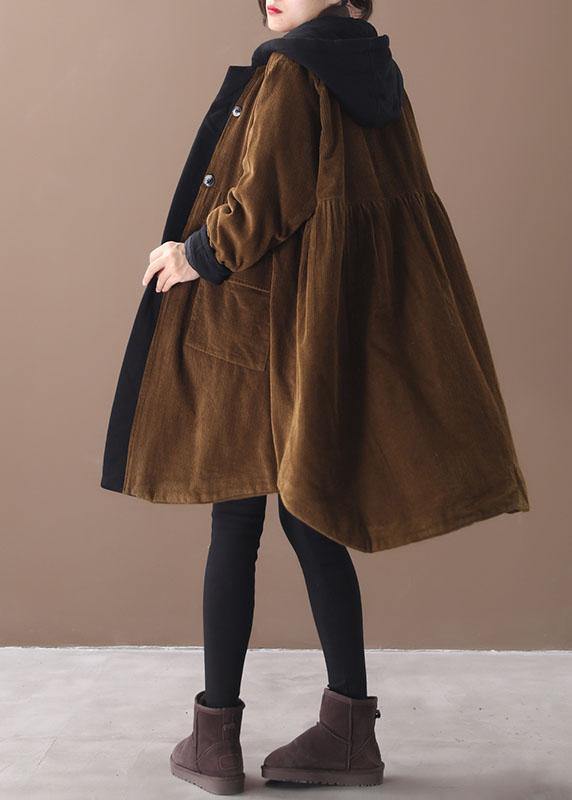 Chocolate Patchwork Button Pockets Hoodies Outwear