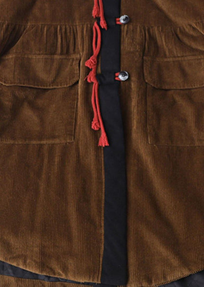 Chocolate Patchwork Button Pockets Hoodies Outwear