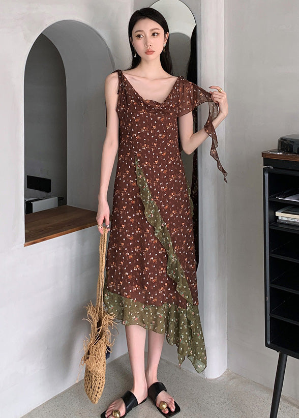 Chocolate Ruffled Patchwork Print Chiffon Long Dresses Sleeveless