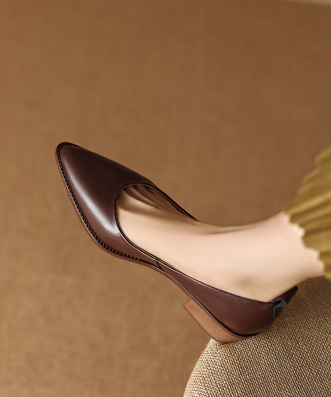 Chunky Heel Beige Cowhide Leather Pointed Toe