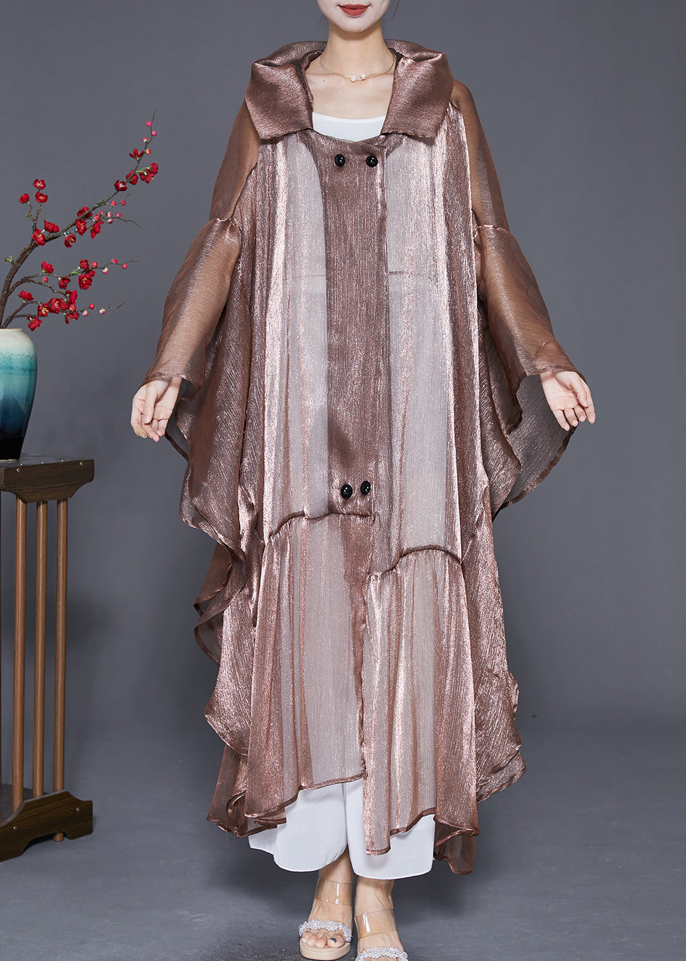Coffee Oversized Patchwork Ruffles Silk Cardigan Summer