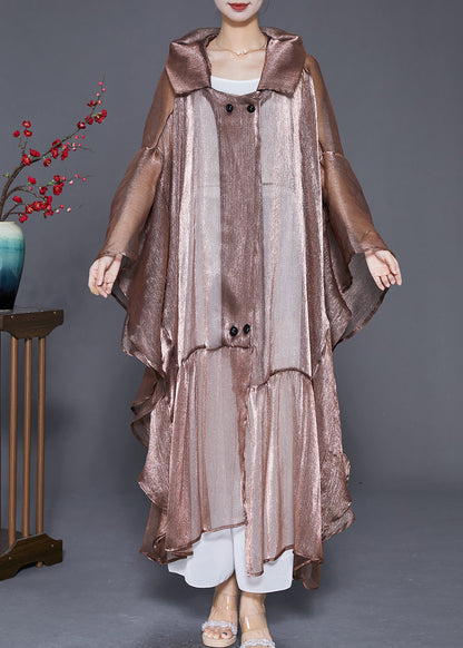 Coffee Oversized Patchwork Ruffles Silk Cardigan Summer