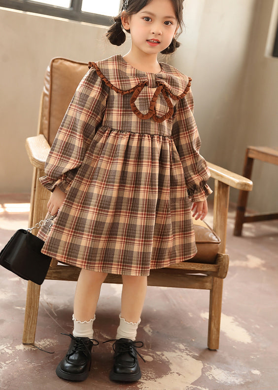 Coffee Peter Pan Collar Plaid Patchwork Cotton Kids Dresses Fall