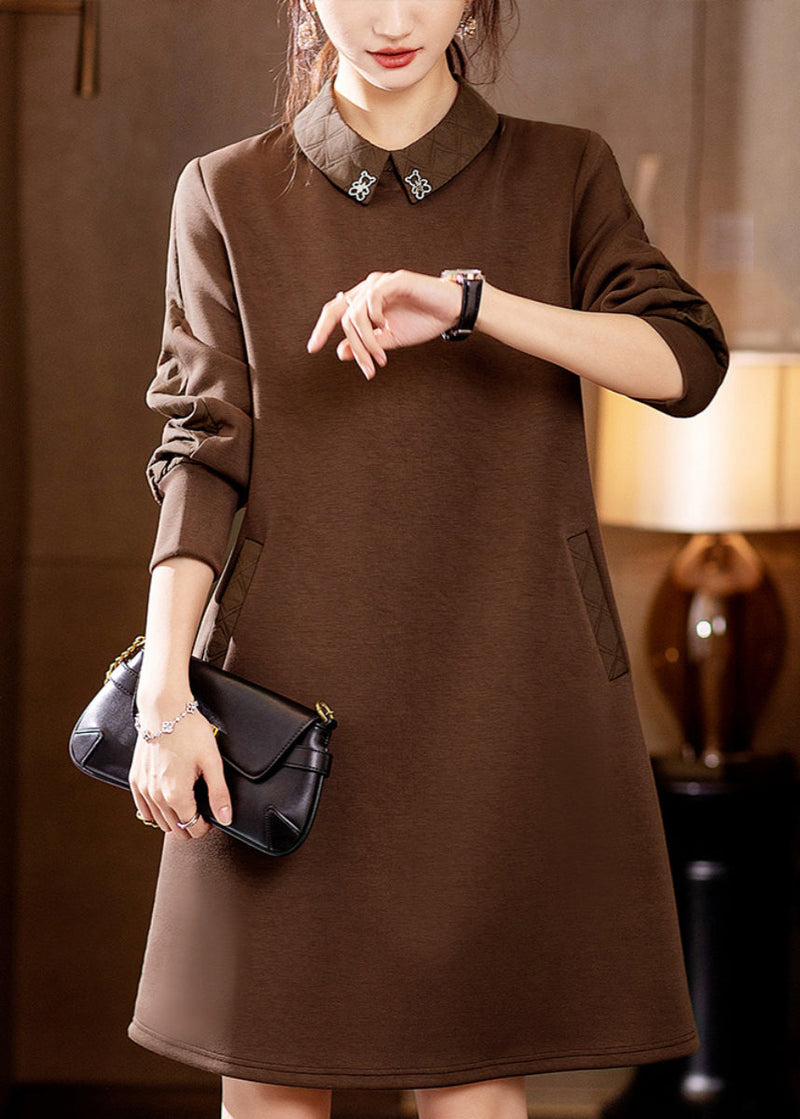 Coffee Peter Pan Collar Pockets Cotton Mid Dress Fall