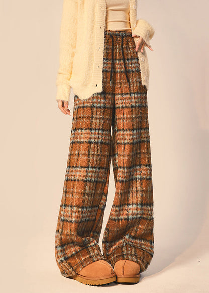 Coffee Plaid Pockets Elastic Waist Cotton Blend Wide Leg Pants Spring