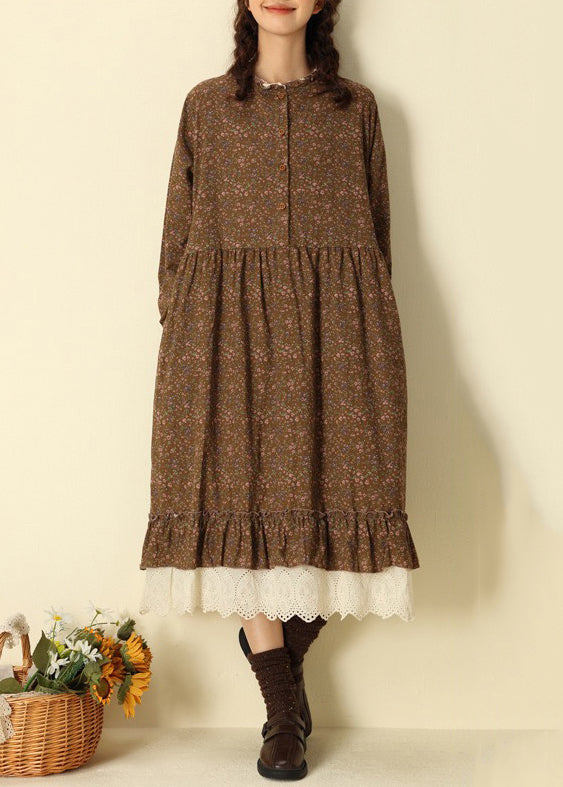 Coffee Ruffled Print Cotton Long Dresses Spring