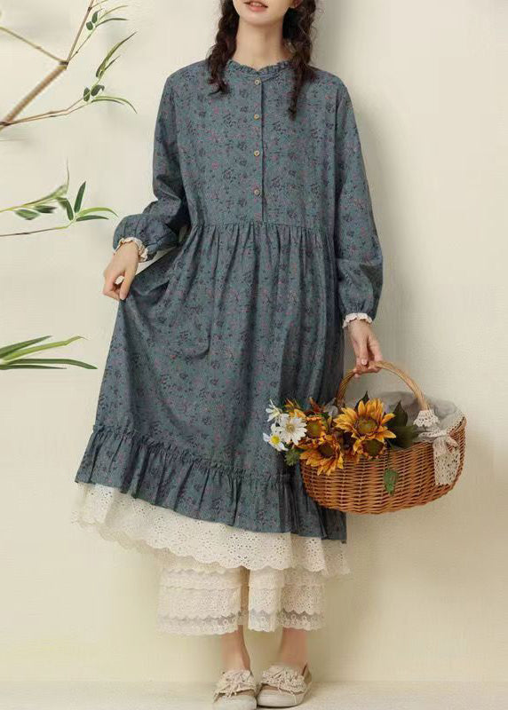 Coffee Ruffled Print Pockets Patchwork Cotton Long Dresses Fall