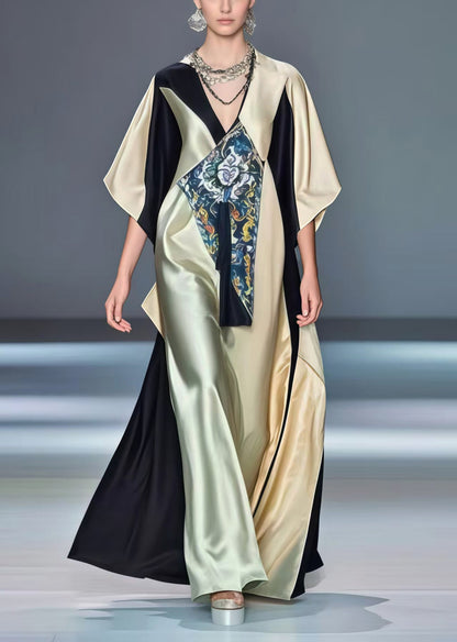 Colorblock Asymmetrical Design Oversized Silk Robe Dresses Summer